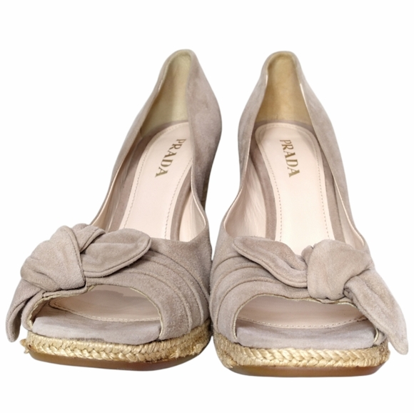PRADA Suede Nude Espadrille Peep Square Toe Wedges Platform Sandals Shoes Size 8 - Picture 6 of 16